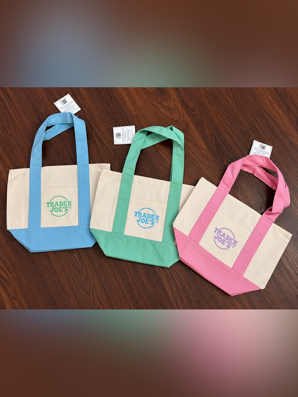 Trader Joe’s - Mini Spring Pastel Tote Bags - Set of 3. Pink, Blue, Green